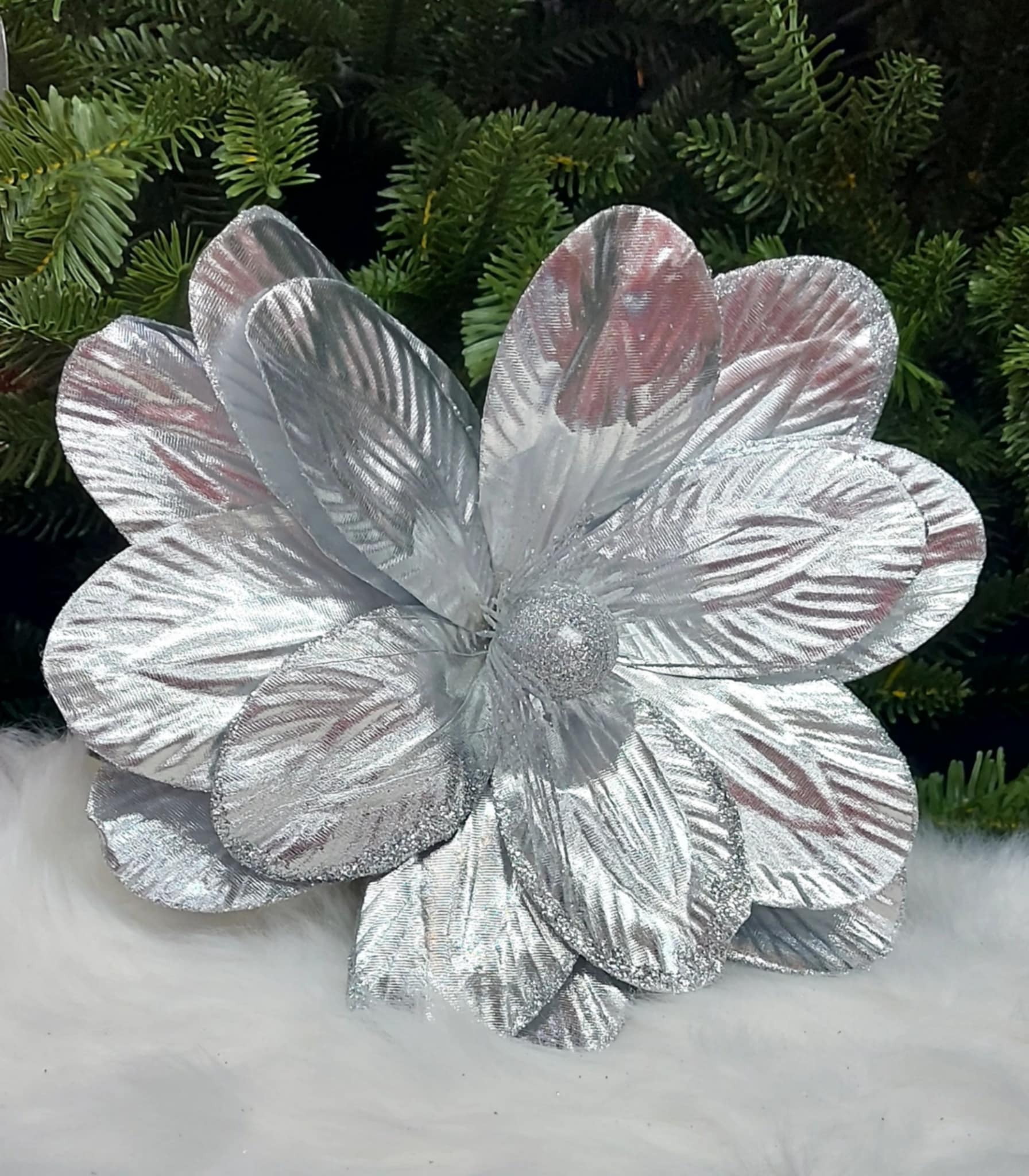 Flori Crăciun decorative argintii – ornament brad și aranjamente - 10/set